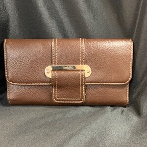 Liz & Co Brown Pebbled  Leather Wallet with Checkbook Cover  & Silver Accents
